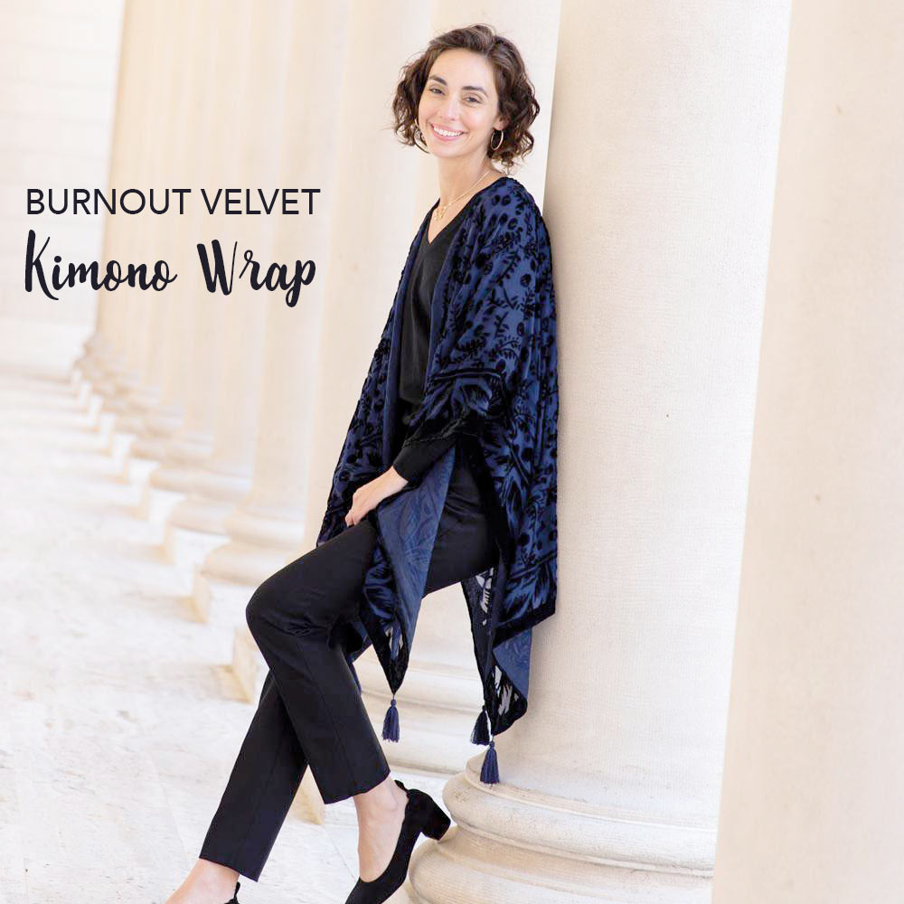 Burnout Velvet Kimono Wrap in Melody Navy