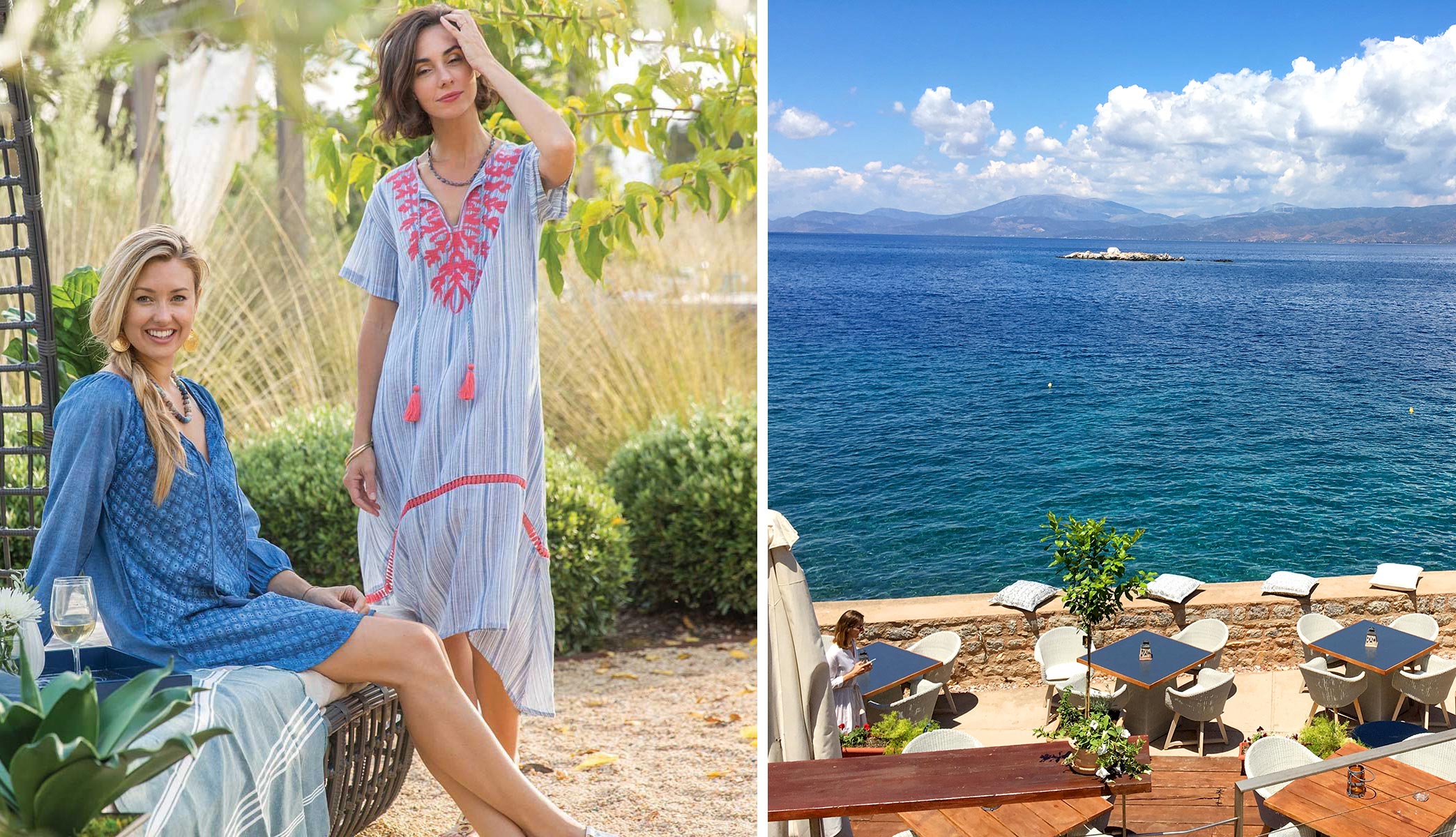 Beautiful blue and white beach dresses inspired by Hydra, Greece