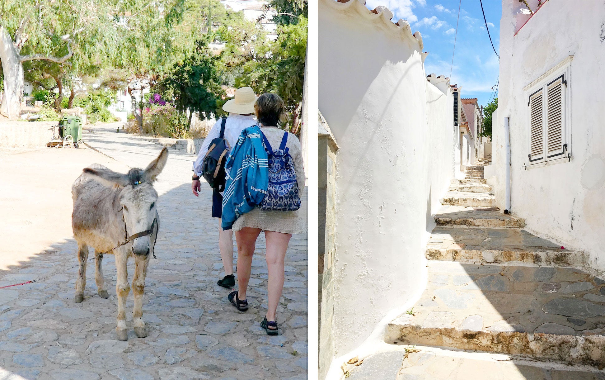 rockflowerpaper owner in Hydra, Greece, walking past a donkey on a cobblestone street