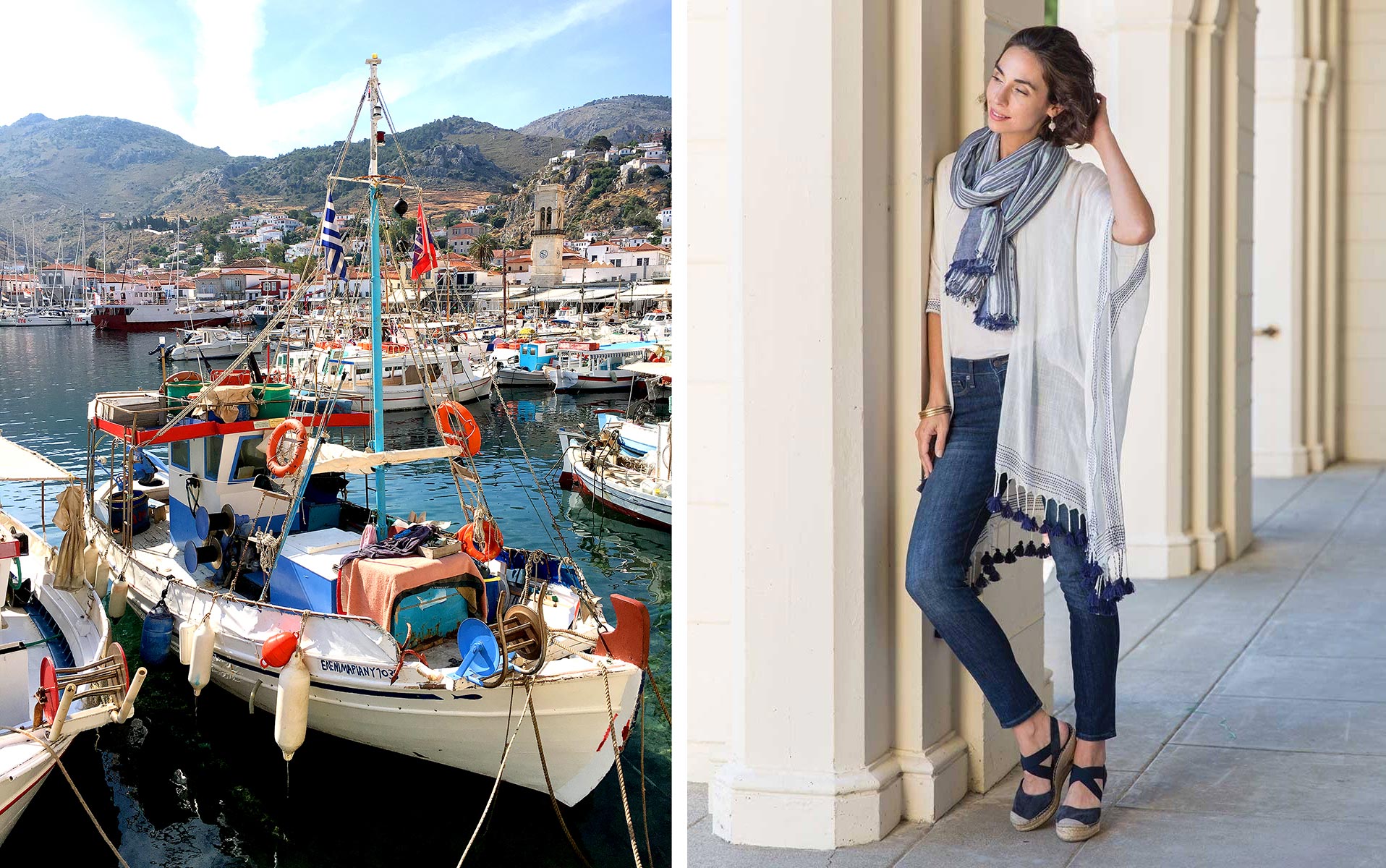 Blue & white kimono wrap and striped scarf inspired by life in Hydra, Greece