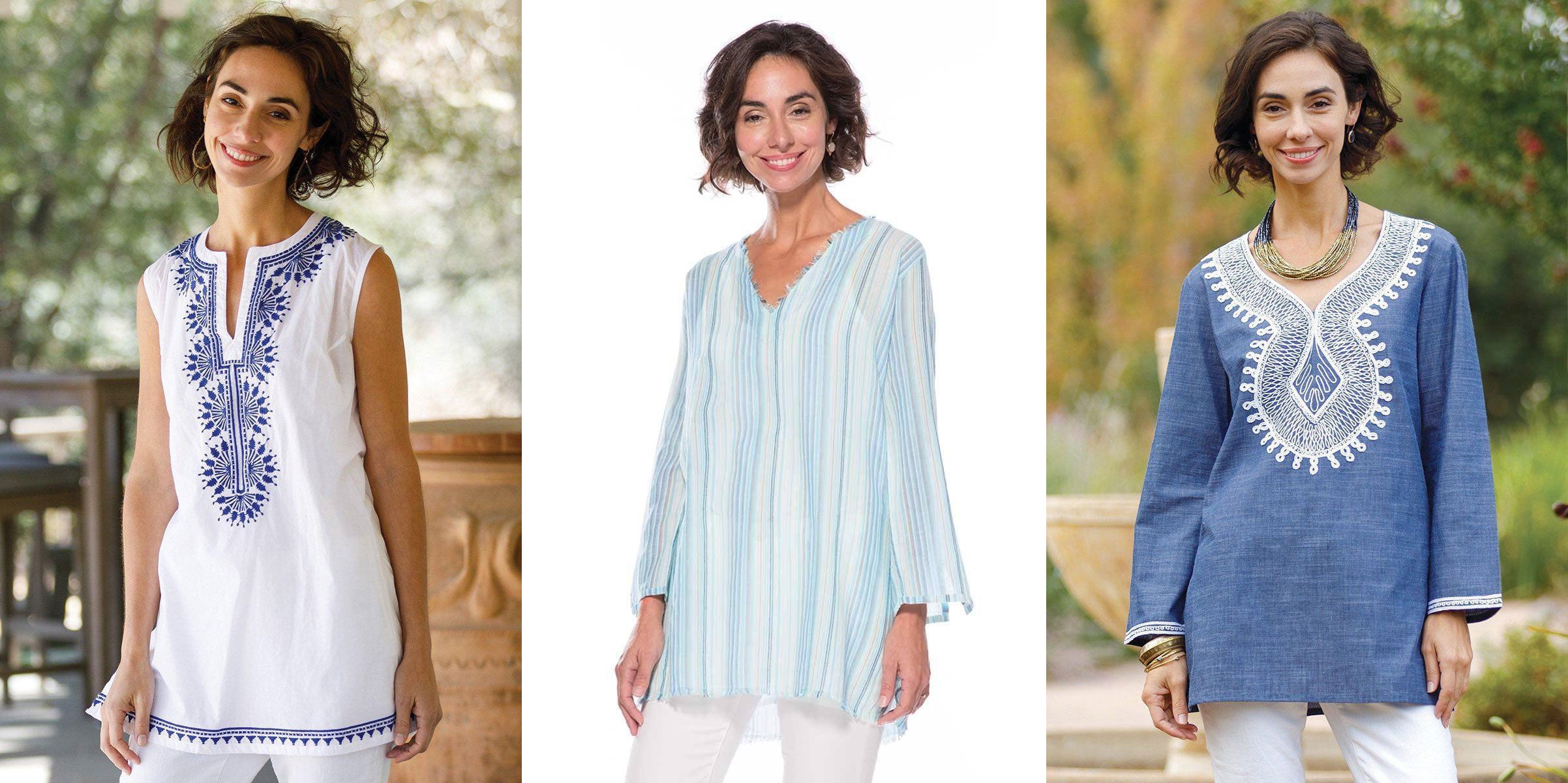 3 blue and white tunics for women inspired by the Greek island Hydra