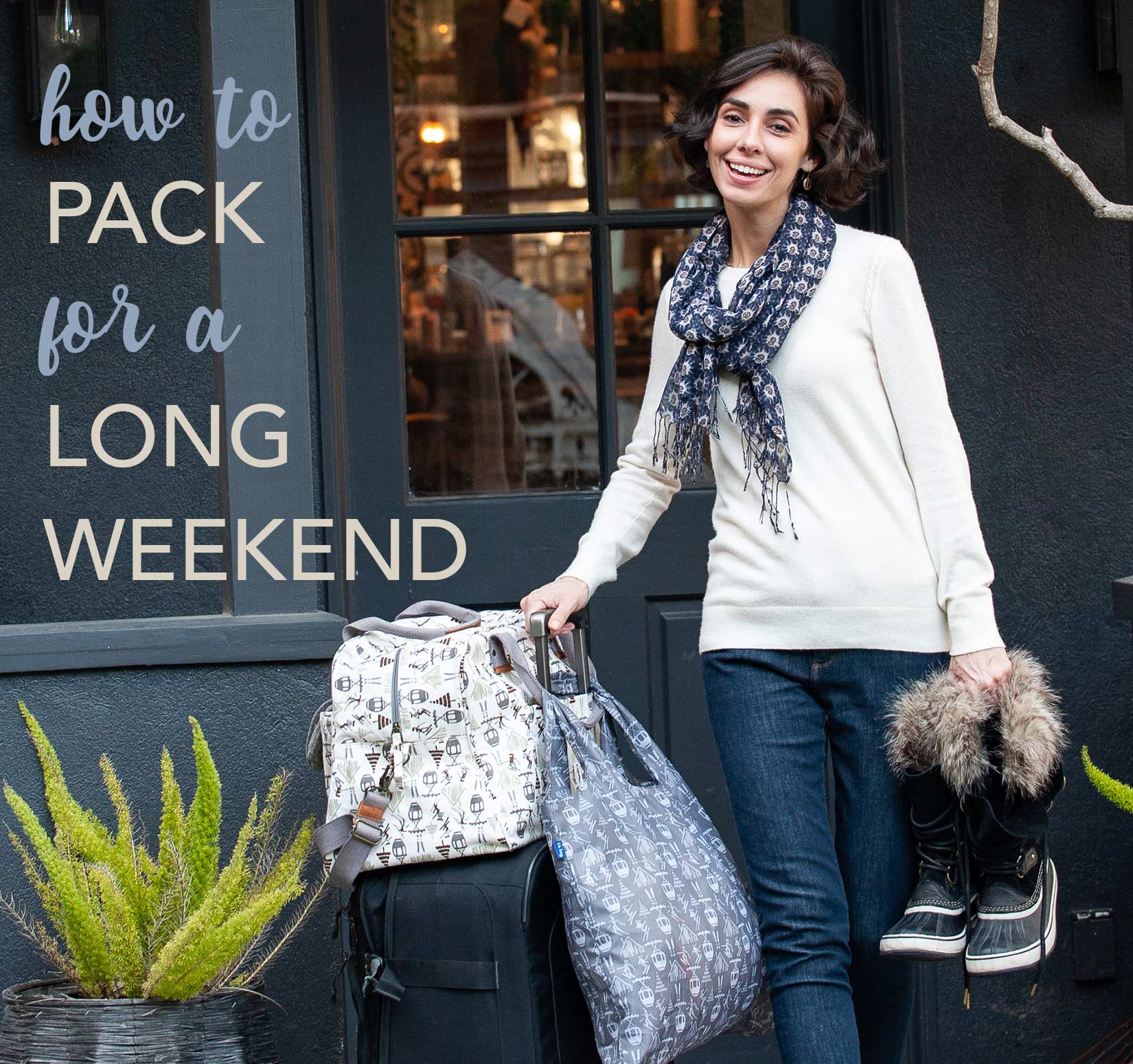 how to pack for a long weekend - woman wearing a scarf and holding a suitcase and overnighter bag