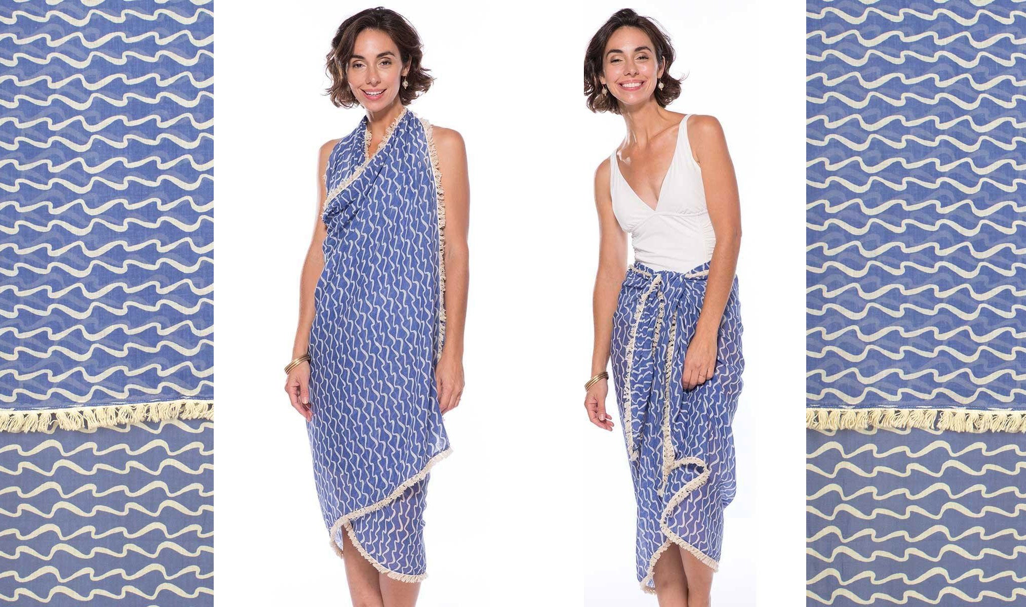 Blue and white pareo with wave print, worn 2 ways as beach skirt and a sarong