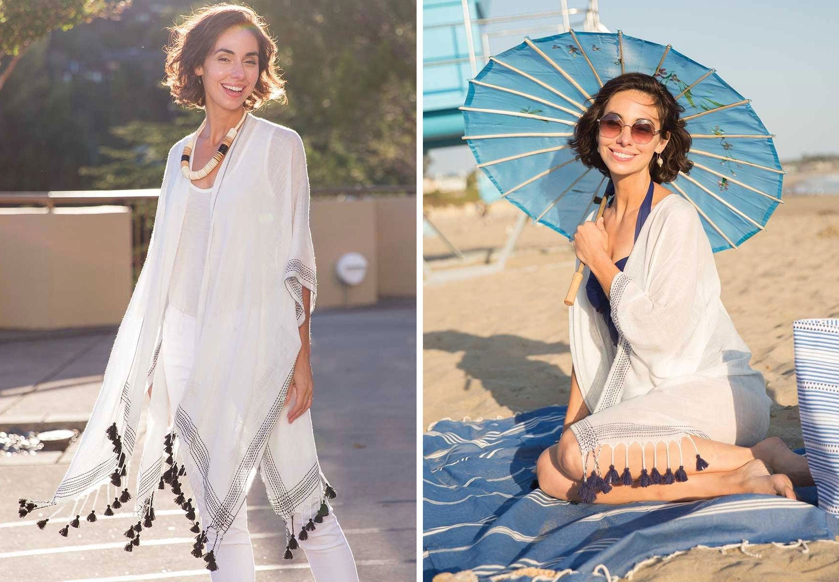 Long, white tassel kimono with chic accent embroidery - perfect for the beach or your dinner date