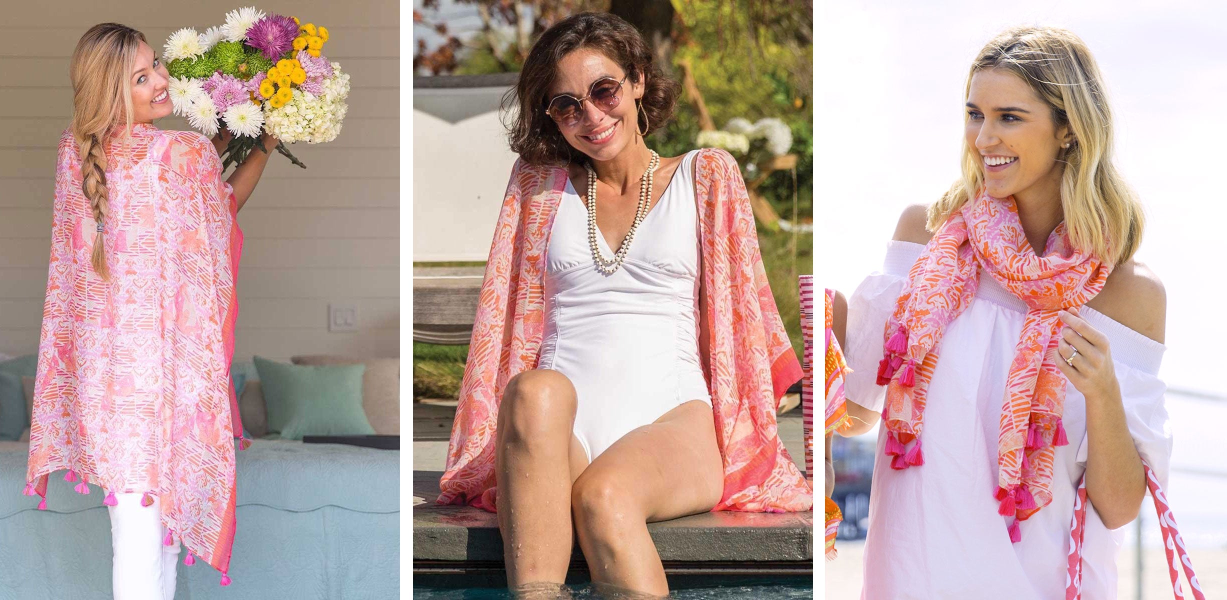 A pink and orange summer kimono worn three ways: as a kimono, swimsuit cover-up, and a scarf.