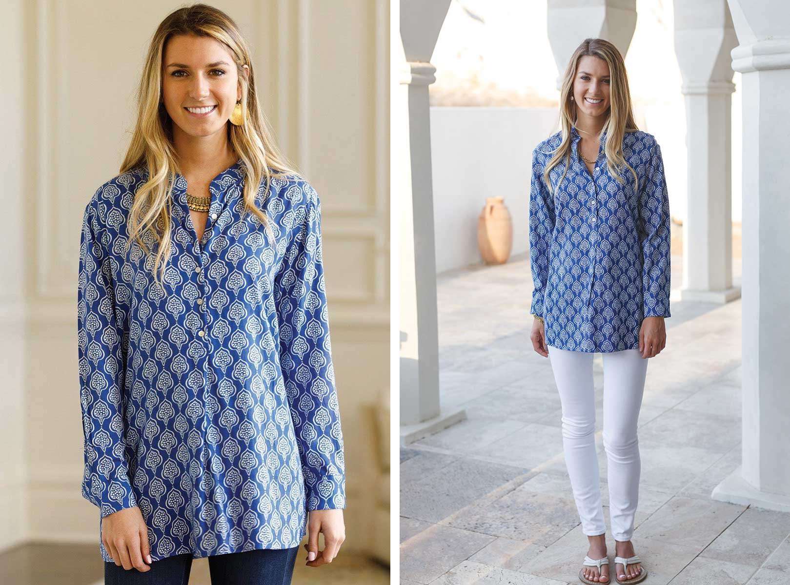 woman wearing blue printed shirt on left with dark jeans and on right with white jeans