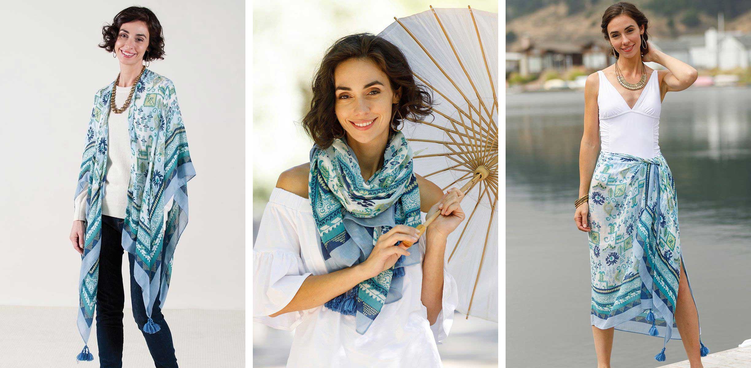 3 photos of a woman wearing the same kimono wrap over a sweater, a white summer shirt, and a white bathingsuit