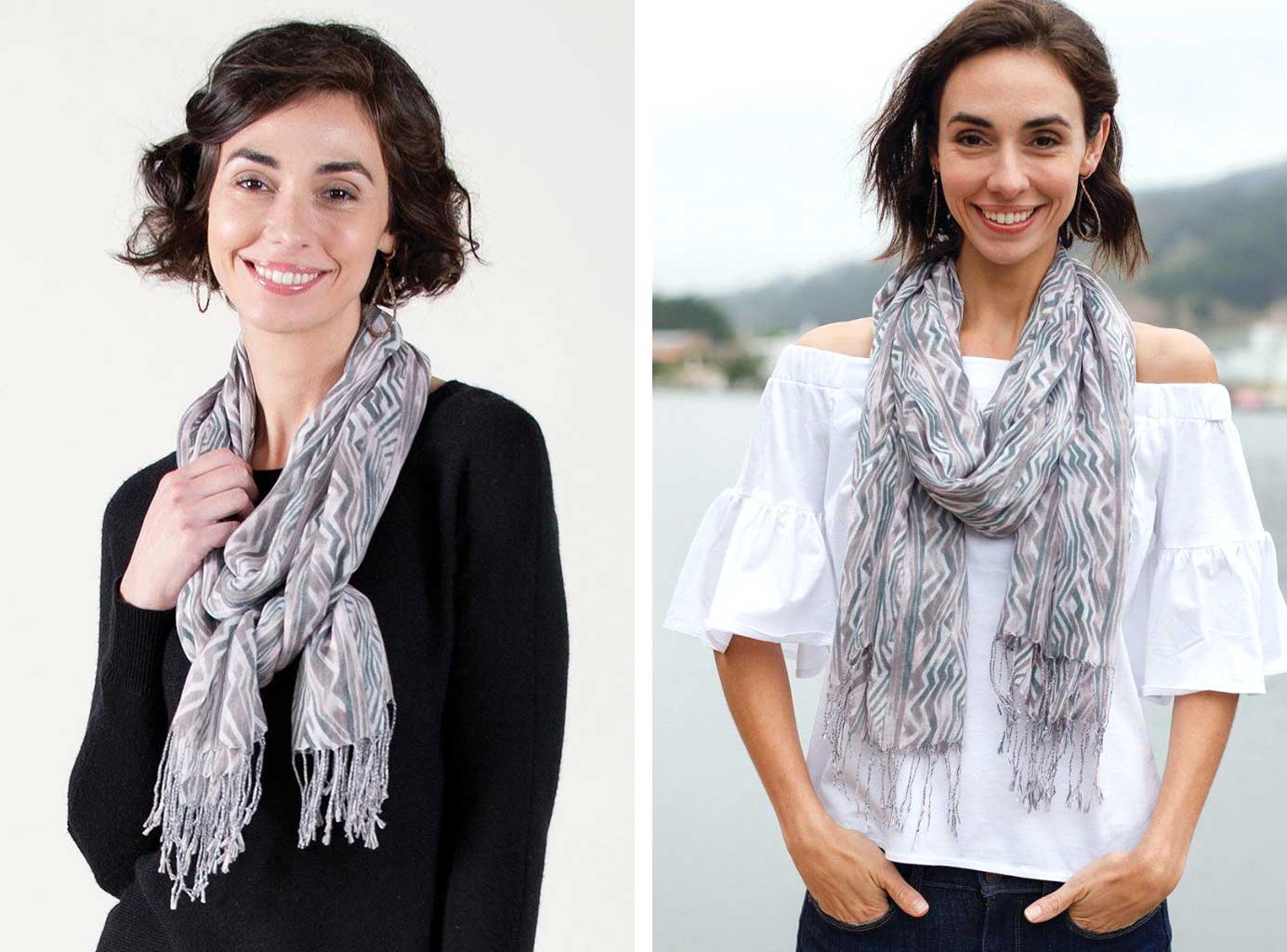 woman wearing same grey and lavender print scarf with a dark sweater on the left and a white summer shirt on the right