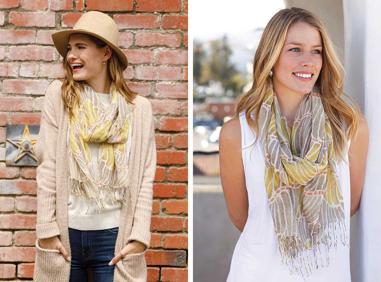 A comparison of one woman wearing a yellow printed scarf with a sweater and cardigan vs. another woman wearing the same scarf with a white dress