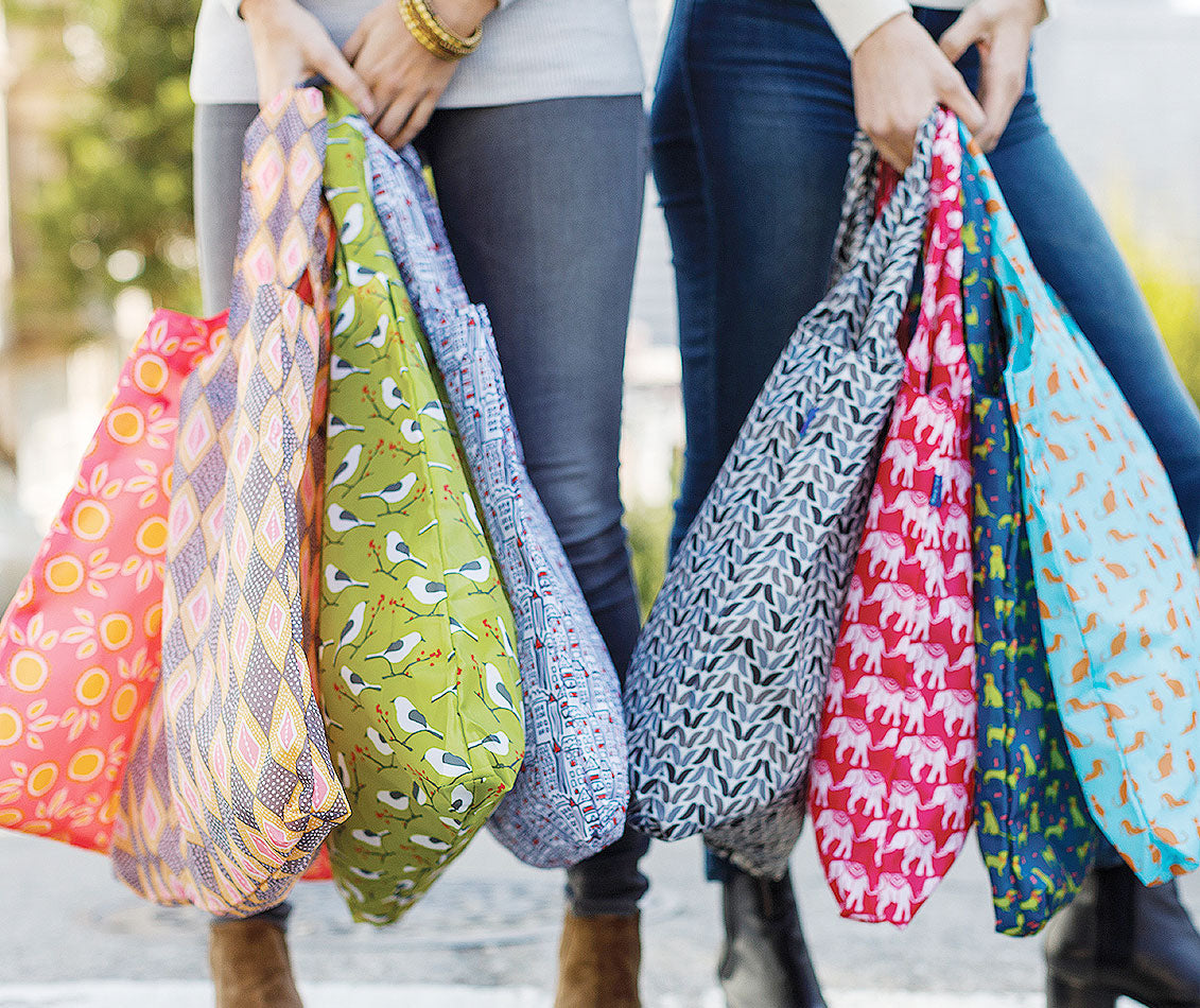 2 women carrying a colorful collection of reusable blu bag shopping bags