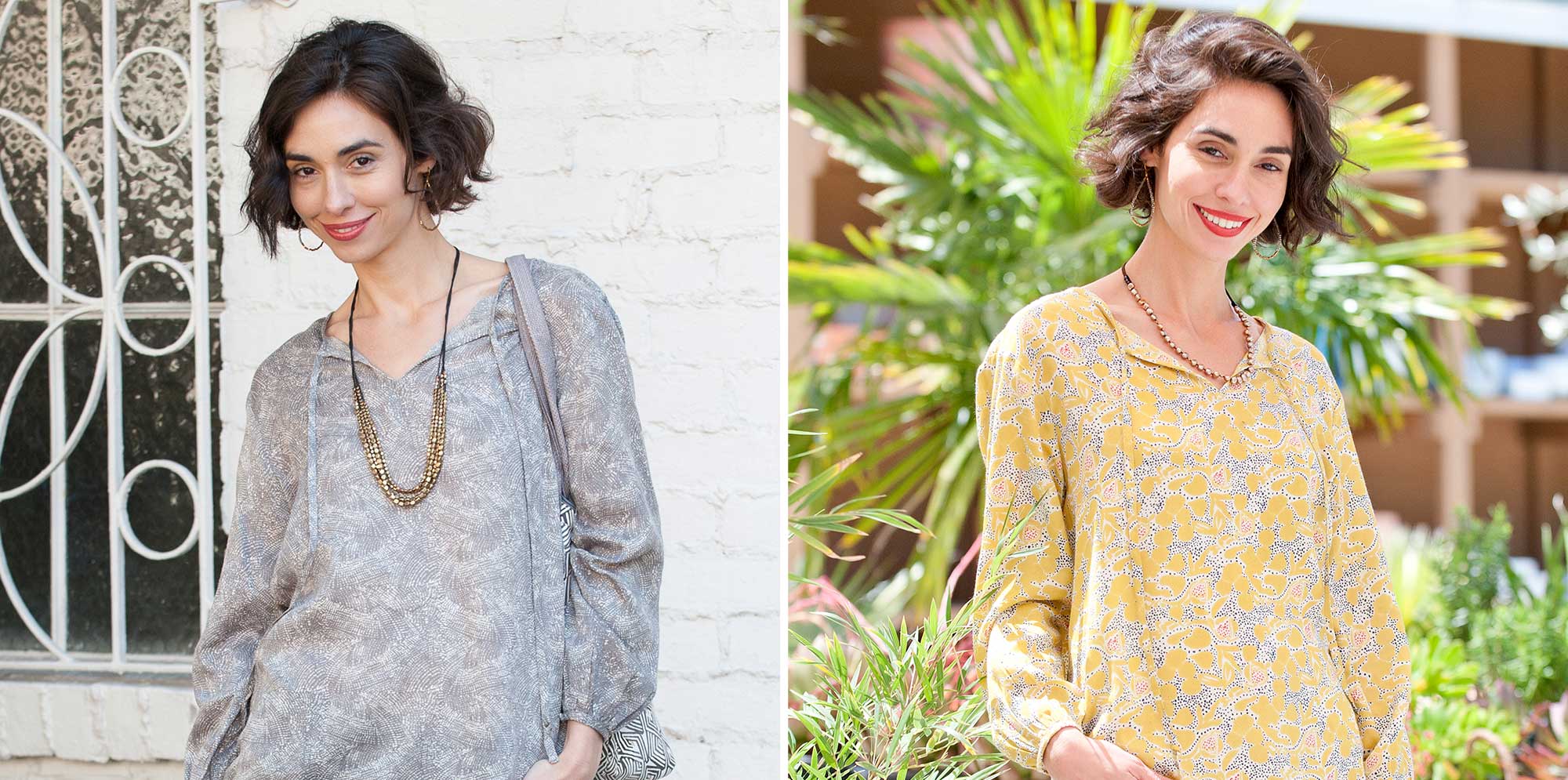 comparison image of woman wearing peasant blouse with long necklace and short necklace