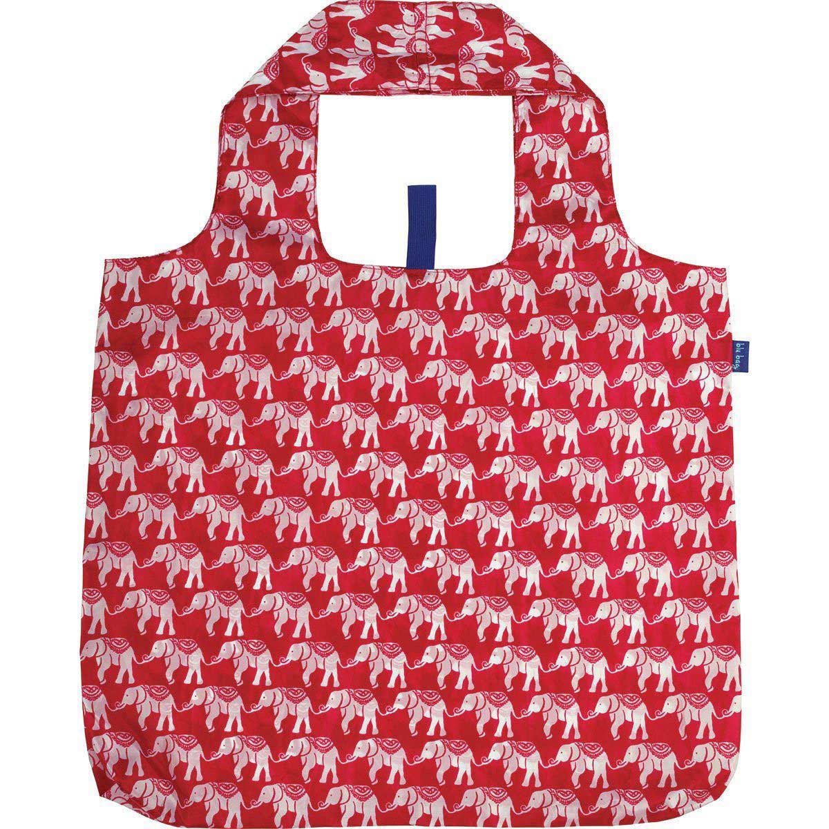 blu bag reusable shopping bag with red background and white elephant print