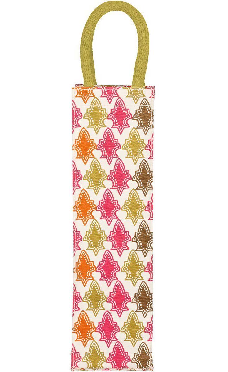 canvas gift bag for wine with pink, red, and green print inspired by morocco