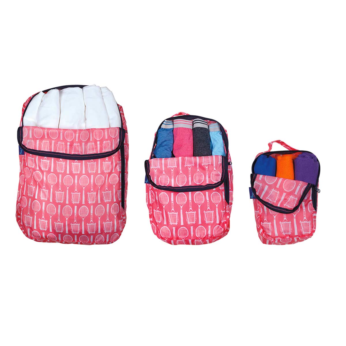 a set of 3 pink travel cubes with a tennis racket print