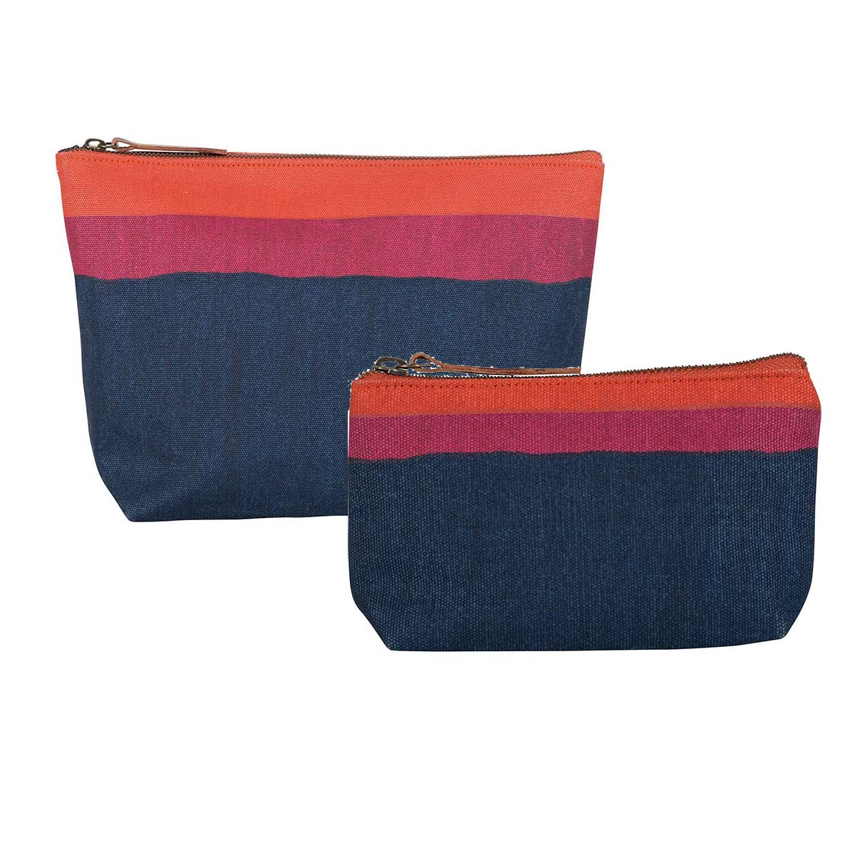 relaxed canvas pouches in red, orange, and navy blue stripe