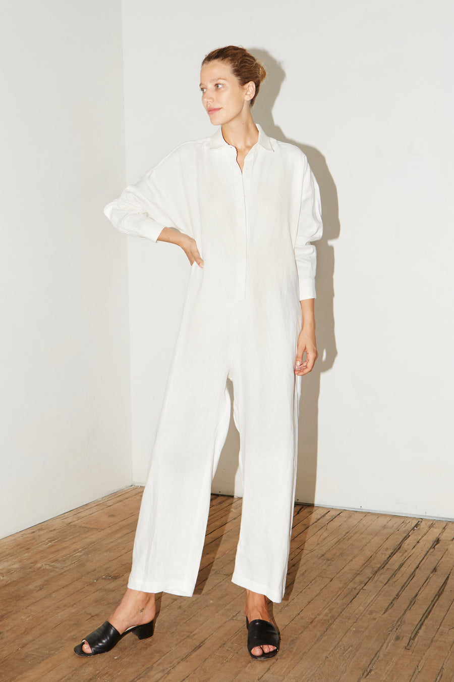 white linen jumpsuit long sleeve