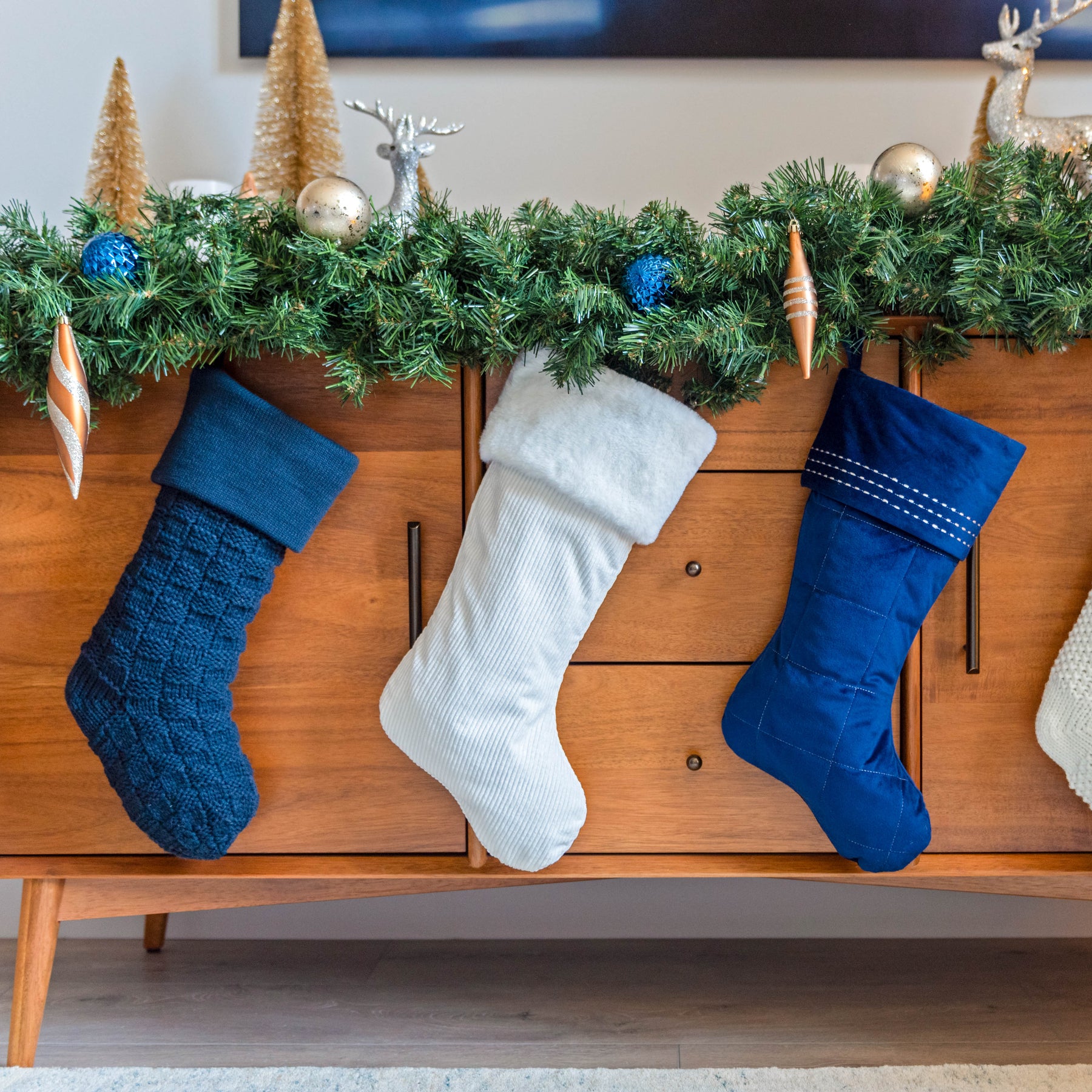 Neutral White Stripe Stitch Christmas Stocking with Velvet Cuff