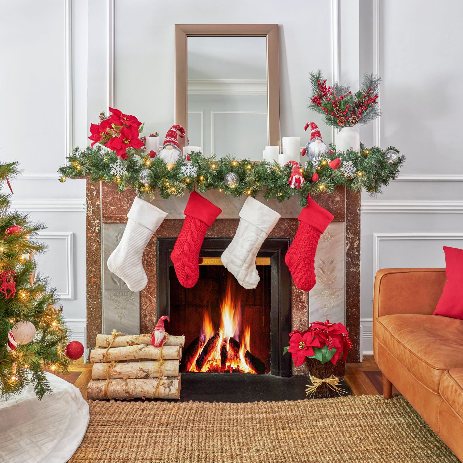 Neutral White Stripe Stitch Christmas Stocking with Velvet Cuff