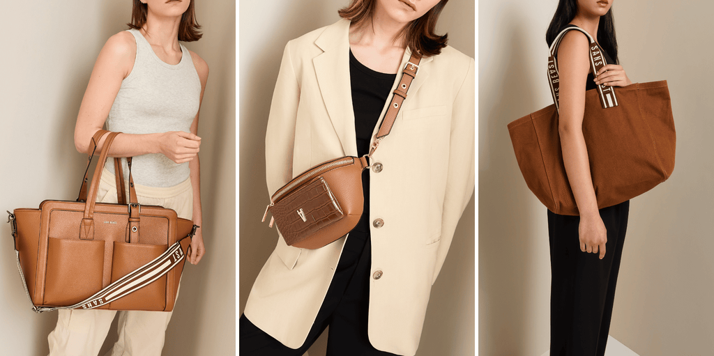 L-R: Daytripper Tote in Cinnamon; Bright Spark Crossbody in Cinnamon; Xtra Overflow Tote in Chestnut