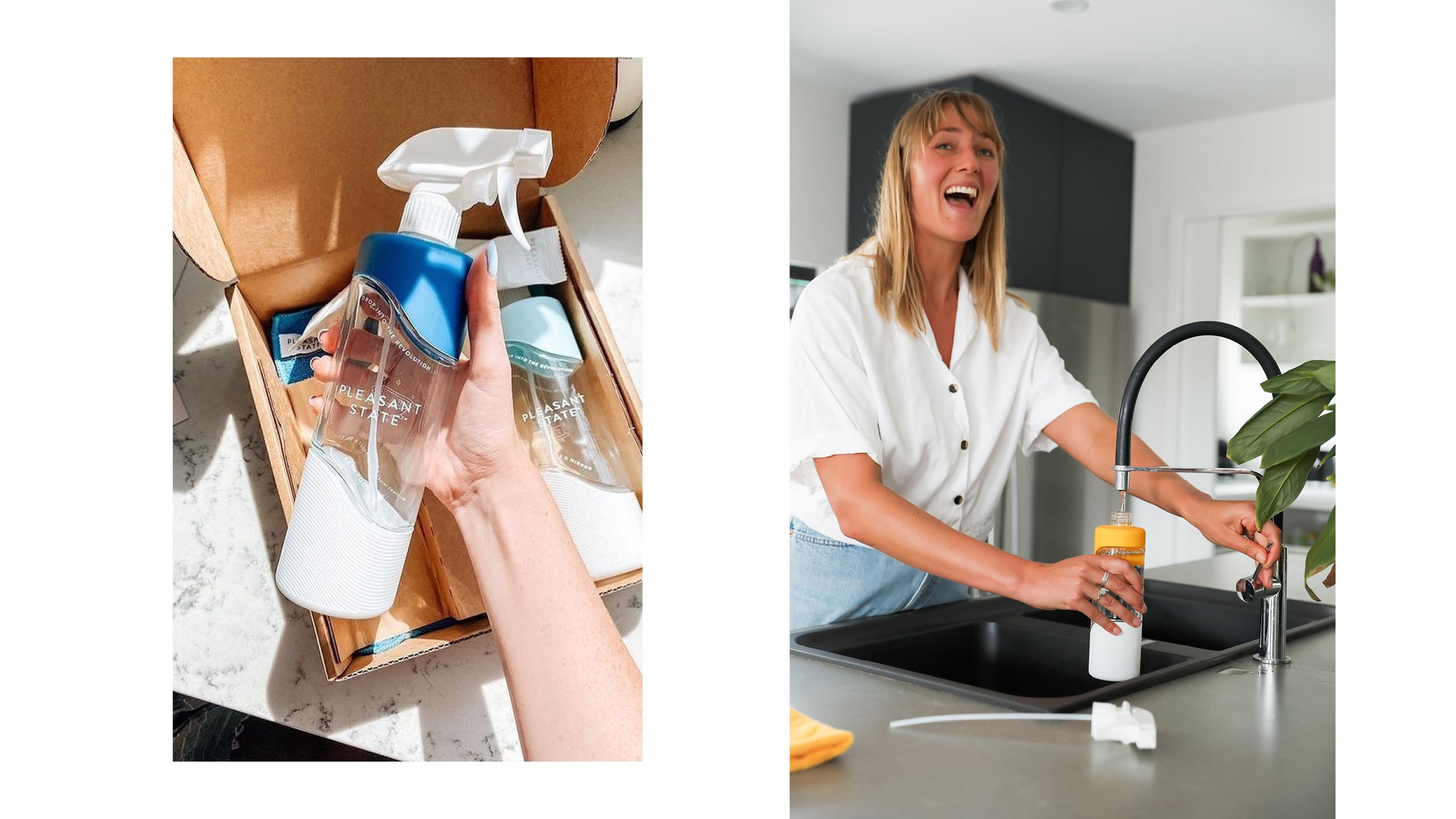 Image of a hand holding the Pleasant State glass spray bottle, in front of its recyclable packaging..