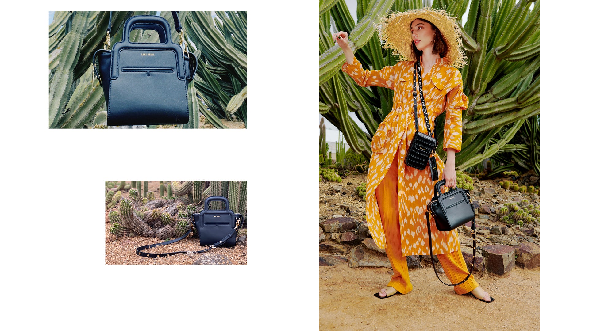 Composition of imagery showing our vegan handbags made from recycled Eco PU.