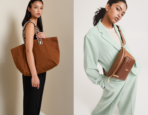 Tari carries the Xtra Overflow Tote in Chestnut + Nethmi wears the Bright Spark crossbody in Cinnamon