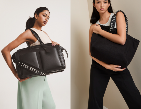 Nethmi carries the Daytripper Tote + Tari carries the Xtra Overflow Tote, both in Noir