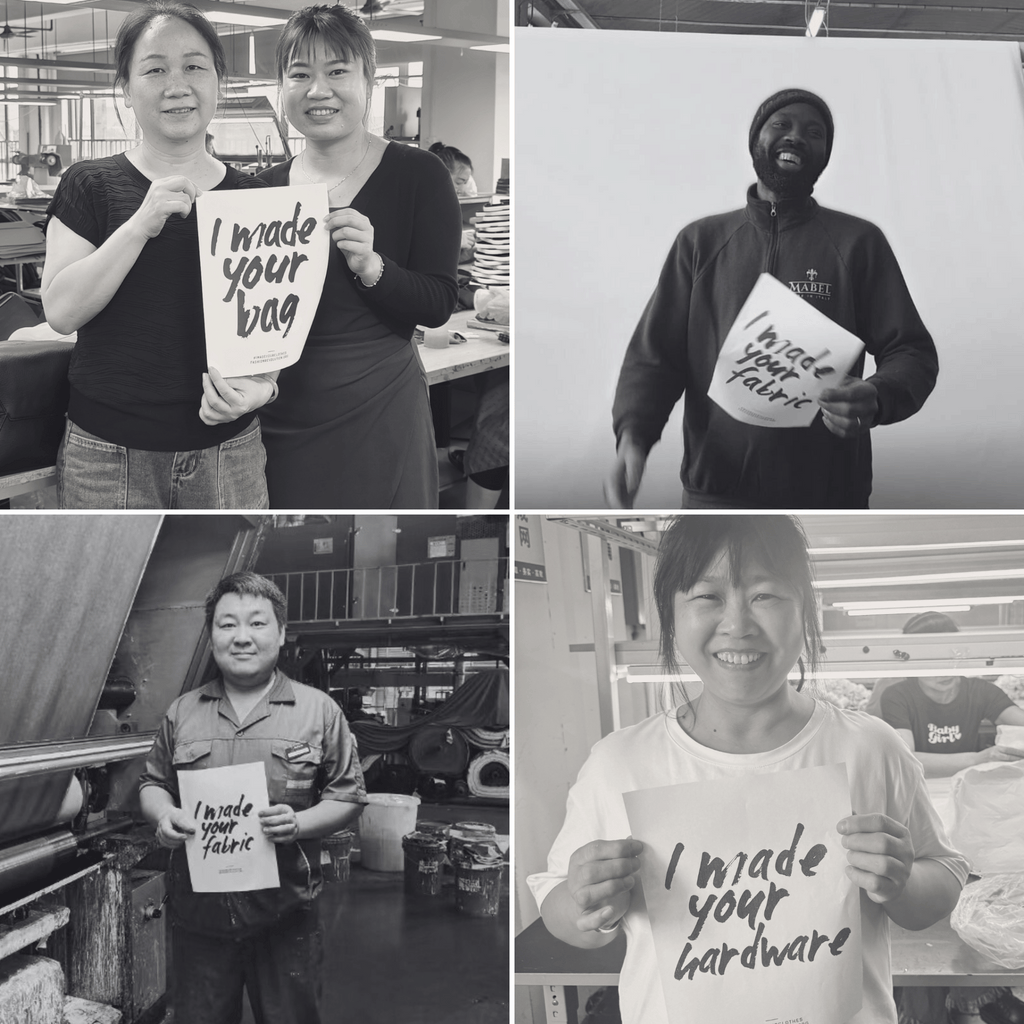 Smiling faces holding up signs saying 'I made your bag / fabric / hardware.'