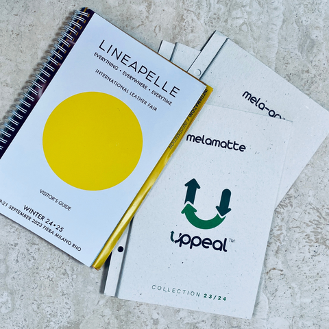 Image of Lineapelle catalogue with Mabel Uppeal colour cards which are swatch cards of the colours various material articles are offered in