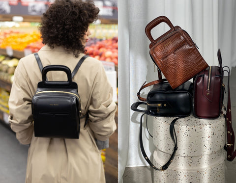 An image of Cienna wearing a black Sans Beast backpack, next to an image of the backpacks stacked on a terrazzo plinth.