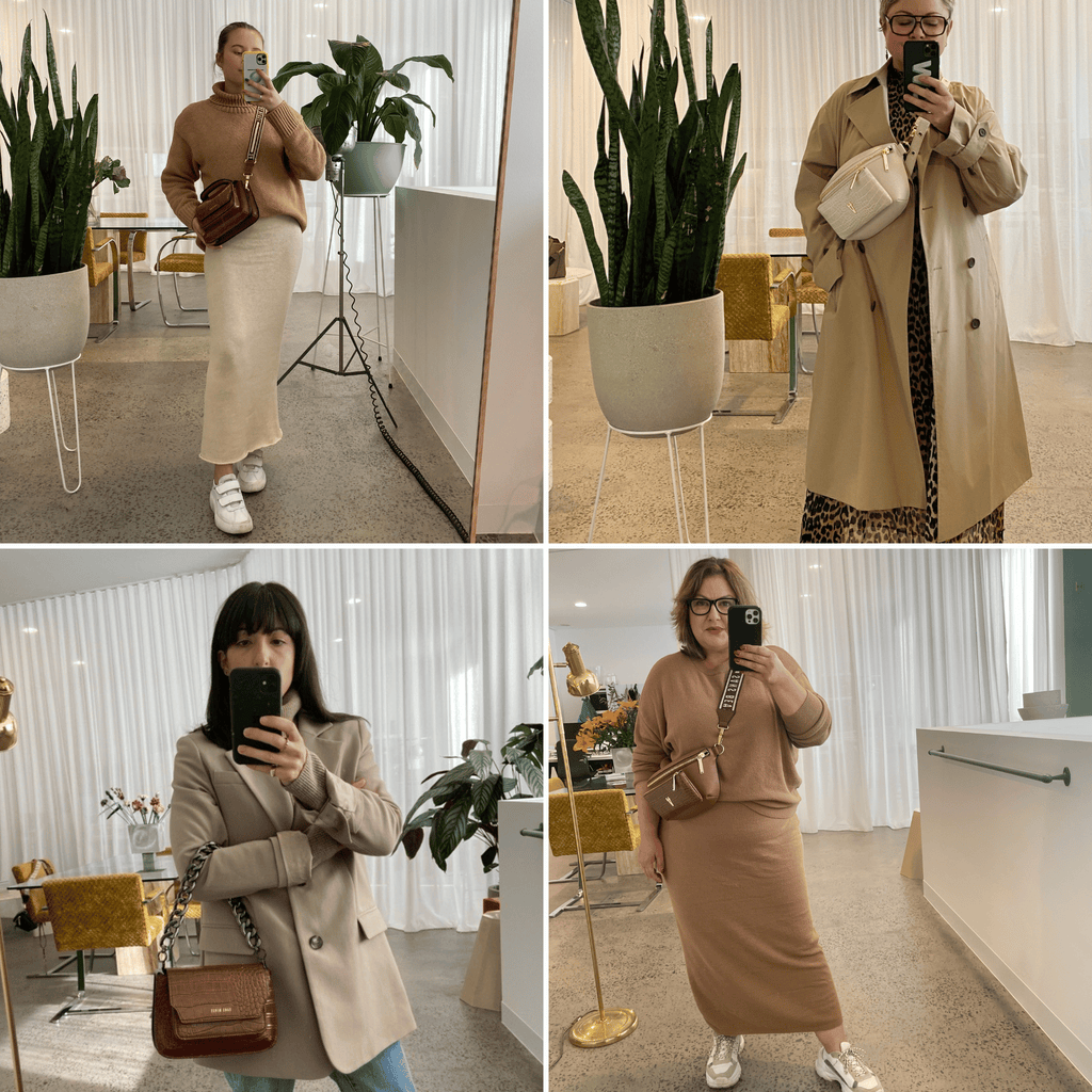 The SB team wear outfits and bags in neutral tones
