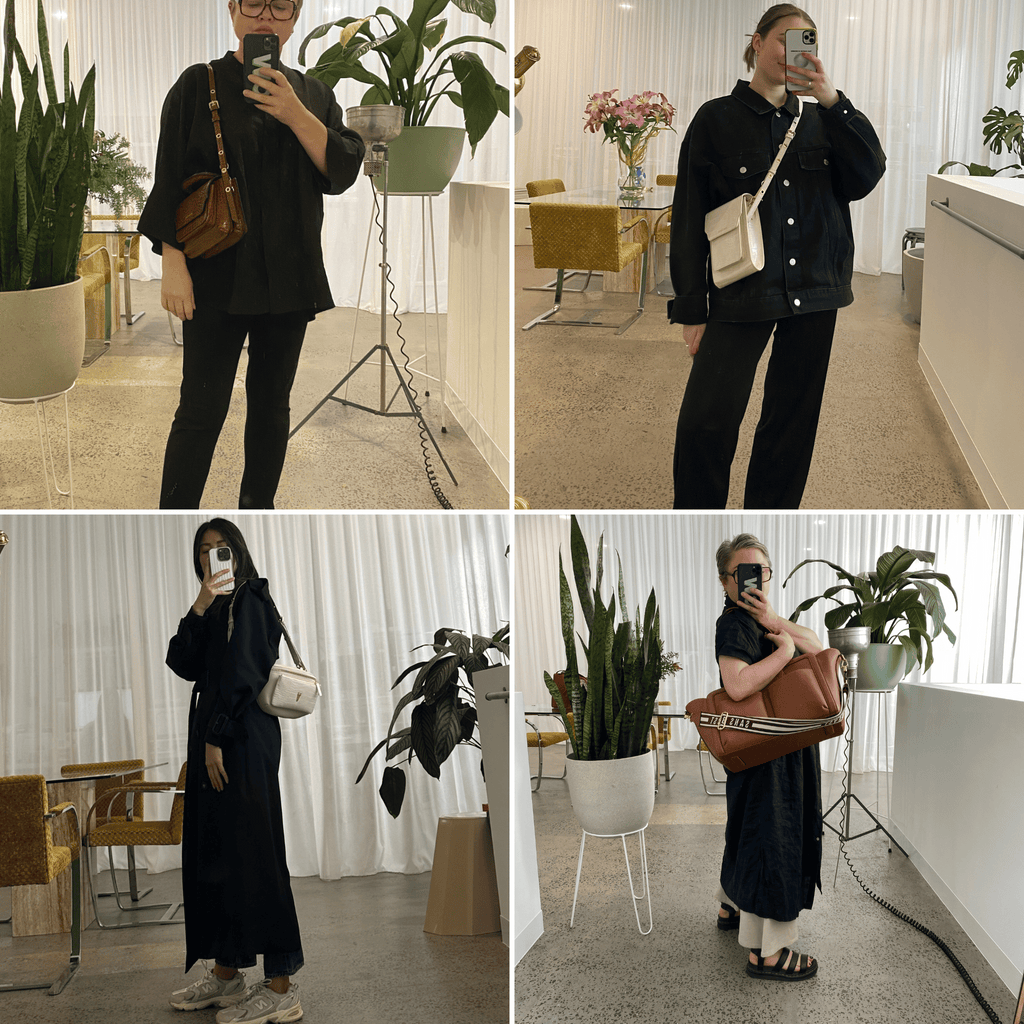 The SB team wear dark toned outfits with bags in Vanilla + Cinnamon