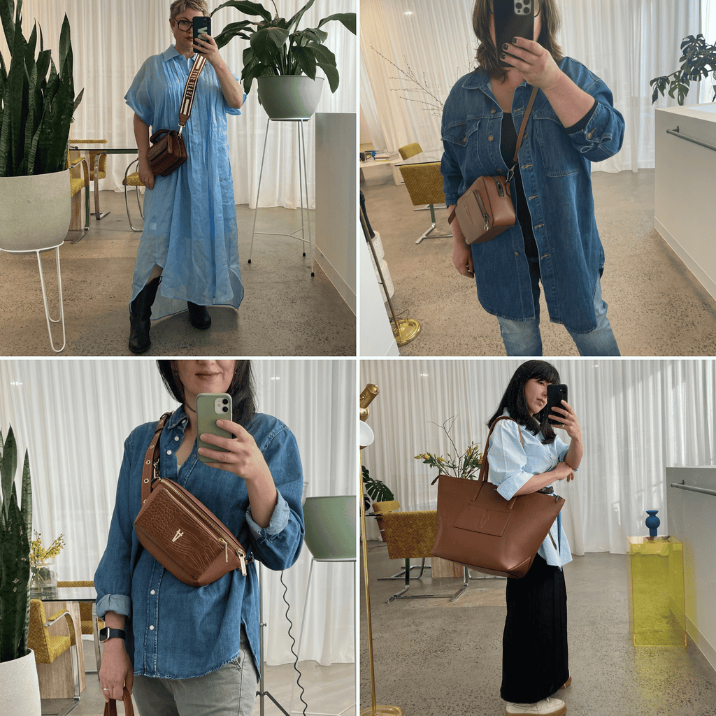 The SB team wear outfits in blue with neutral brown bags