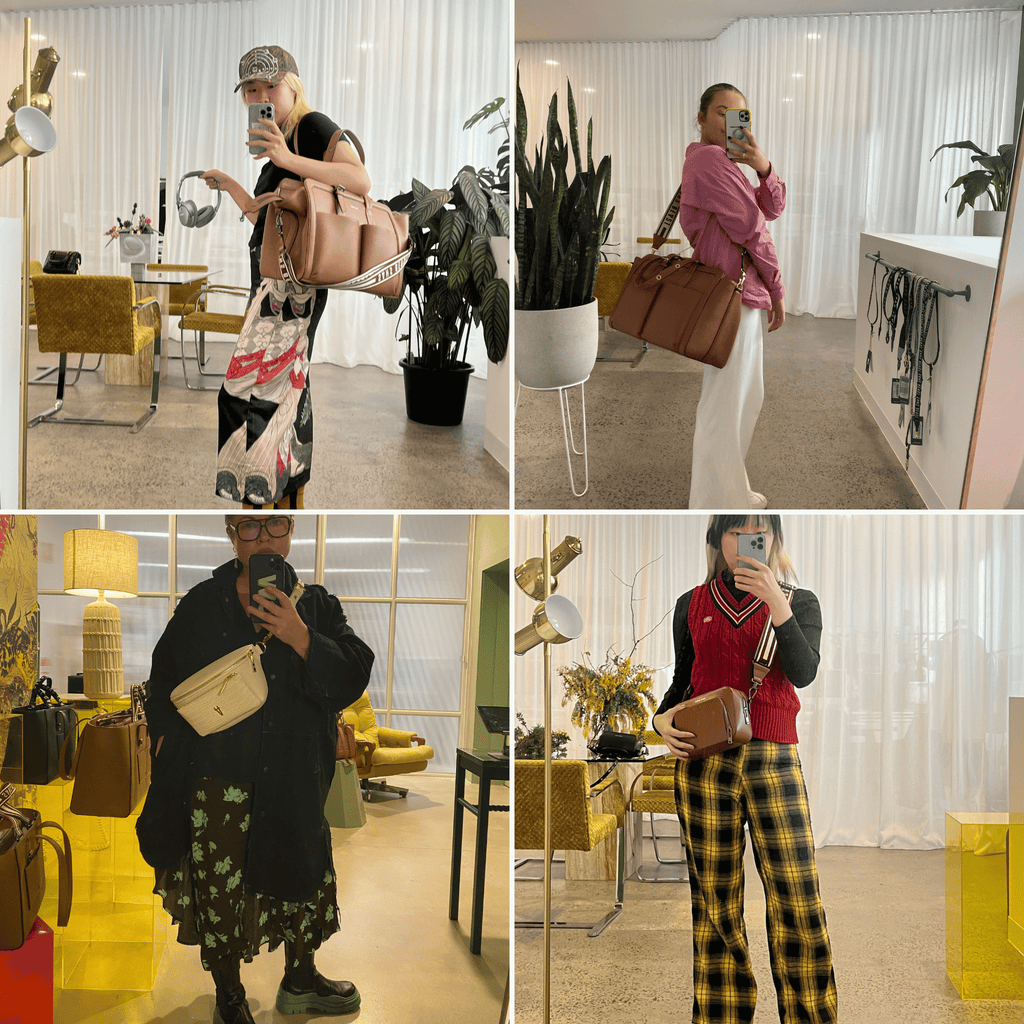 The SB team wear outfits in bright colours + patterns, while carrying neutral toned bags