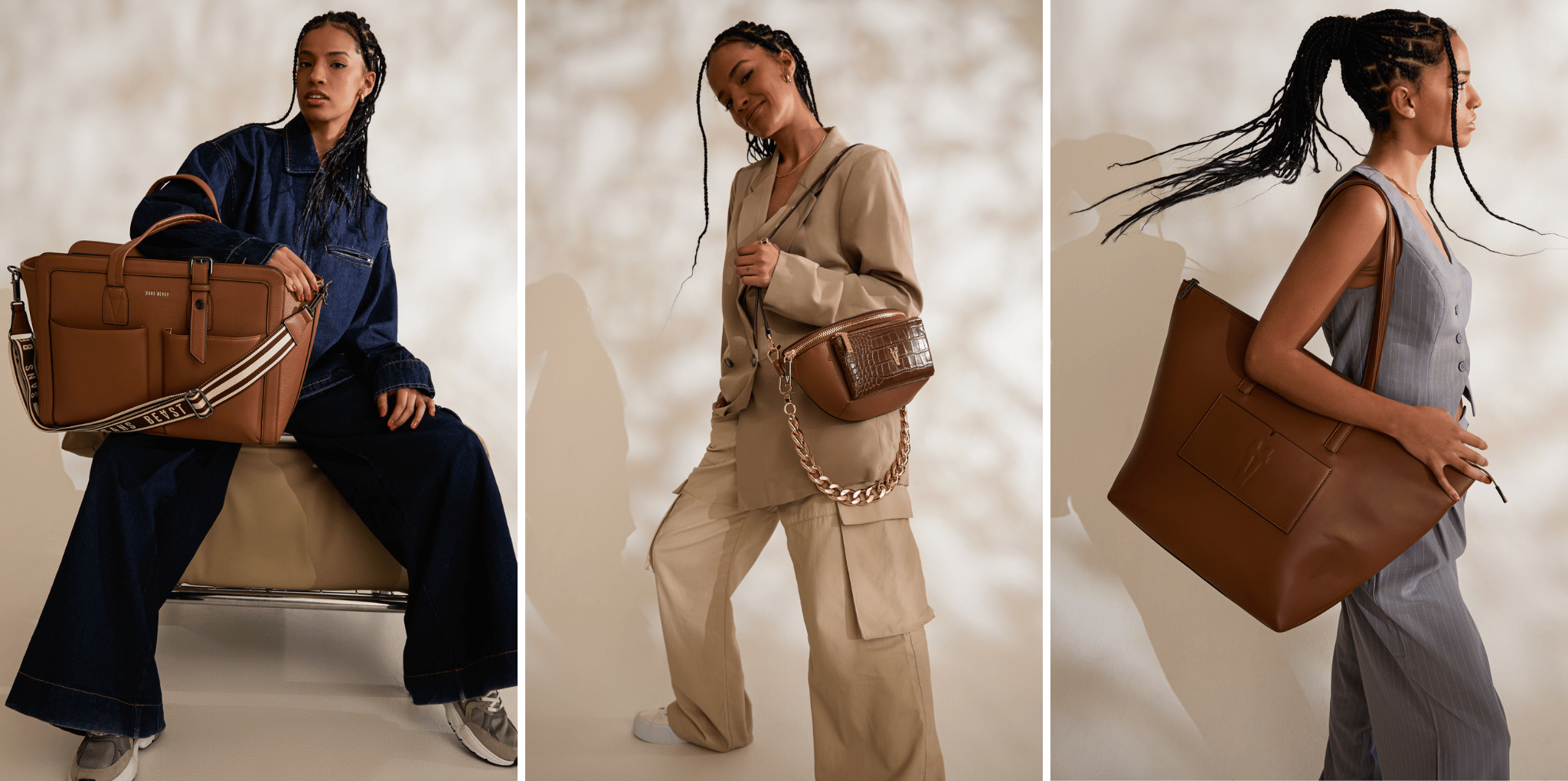 April carries the Daytripper Tote, Bright Spark + Nomad Tote all in Cinnamon