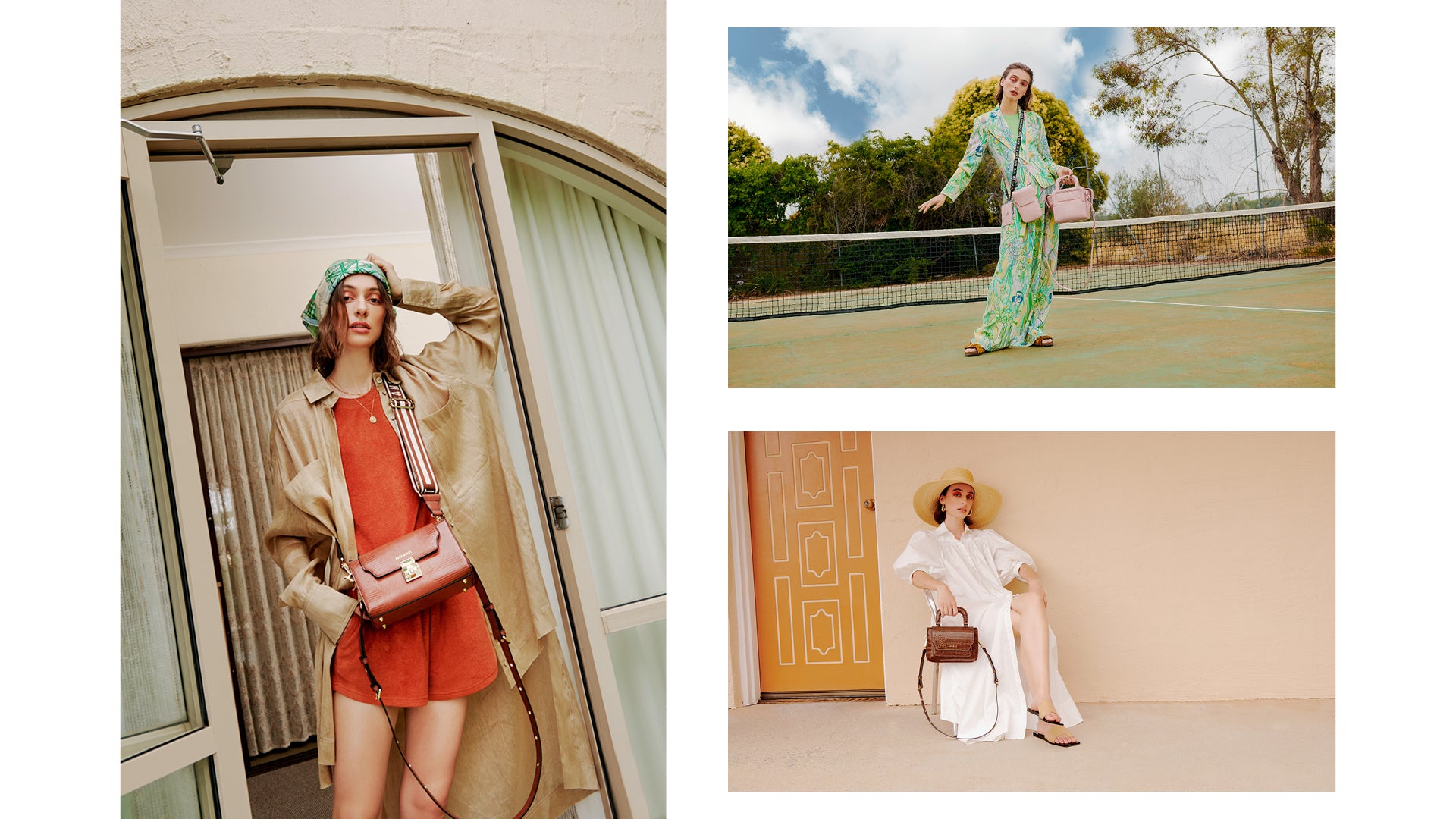 Collage of imagery from Series 7, The Lobby Cross Body in Chestnut Lizard, Call Me Phone Sling + The Long Lunch Tote in Ballerina.