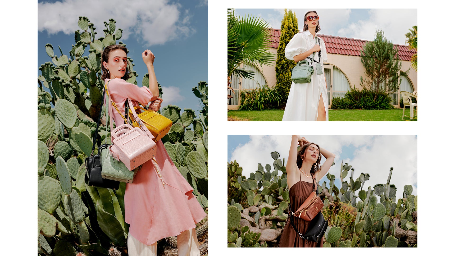 Collage from Series 7: The Long Lunch Tote in Sage, Ballerina, Mustard + Noir, The Bright Spark Belt Bag in Mahogany + Noir.