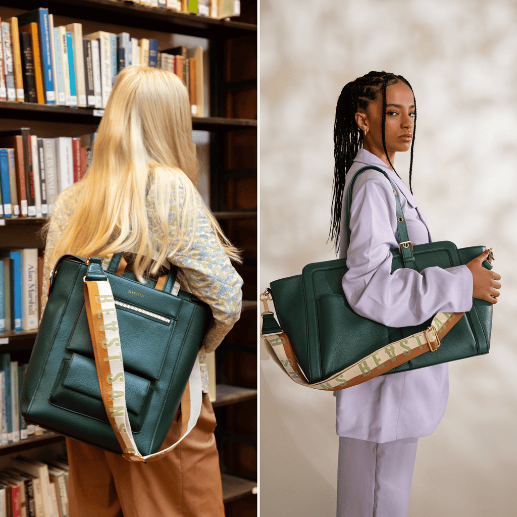 Elsa carries the Universo Tote in Forest; April carries the Daytripper Tote in Forest