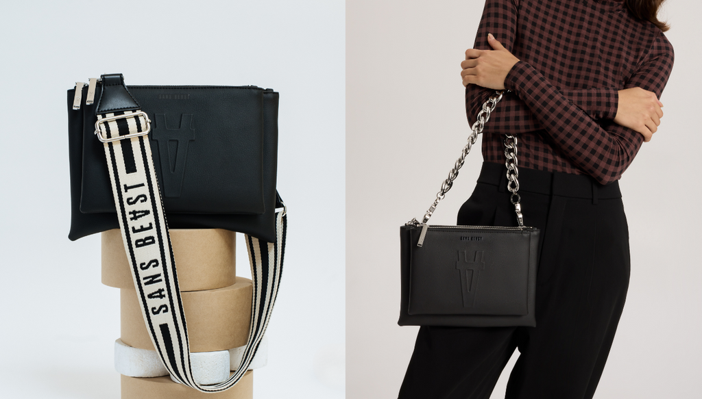 Two images of the Francisco Crossbody in Noir, styled with the Corridor Strap + Elemental Chain Strap