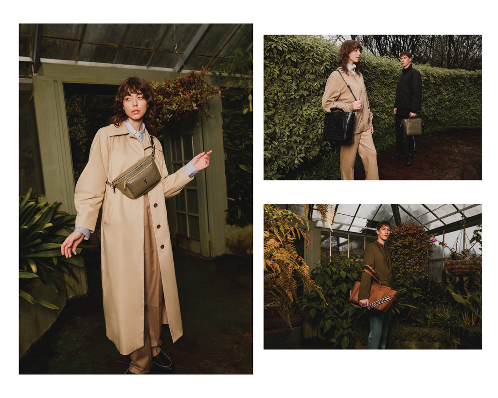 Images of Coco + Rhylee wearing Sans Beast bags in a garden + greenhouse setting
