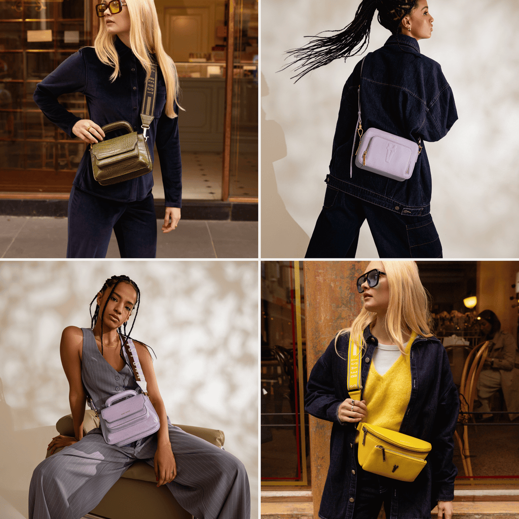 Elsa + April wear Sans Beast bags in tones of Olive, Lavender + Citron