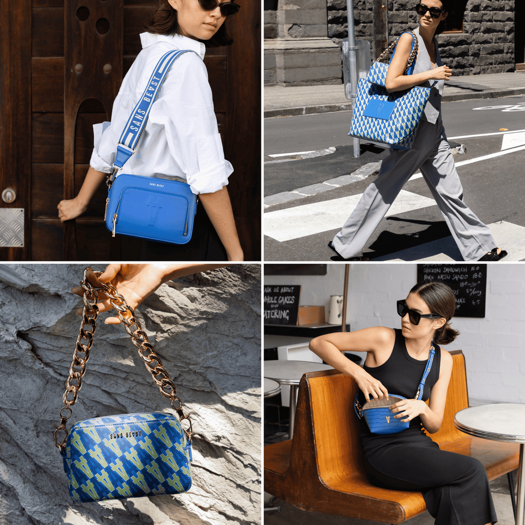 4 images of handbags in Lapis Blue, some with a logo monogram print in Pollen yellow