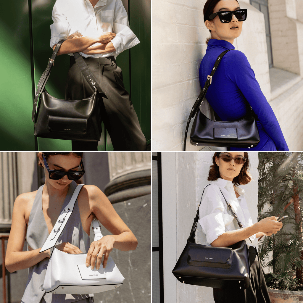 Images of Eugenia carrying the Transit + Transit Mini handbags