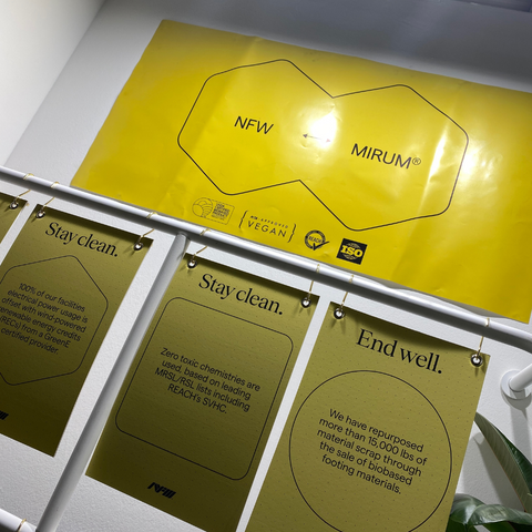 Image of yellow posters advertising Natural Fibre Welding collection at Lineapelle