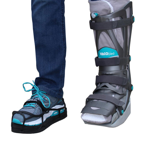 Even Up Shoe Balancer worn beside a moonboot