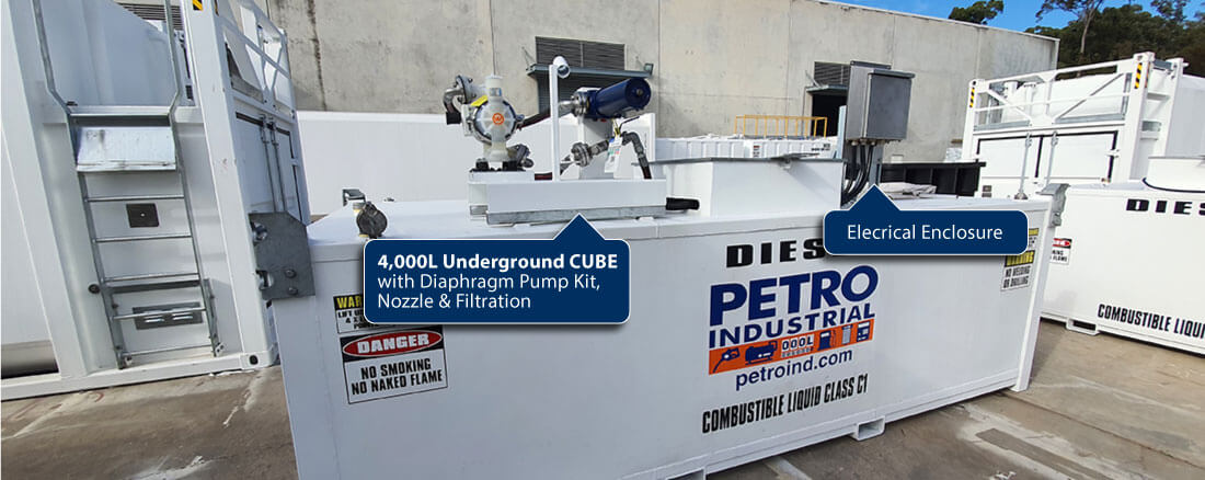 Custom fitted fuel transfer and dispensing equipment on a Cube Tank