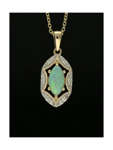Opal & Diamond Art Deco Style Pendant Necklace in 9ct Yellow Gold