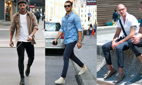 Men's spring summer outfit with navy plain t-shirt, black plain leather belt,  white plain denim/jeans, light blue low-cut sneakers, red plain bag. |  OTOKOMAE