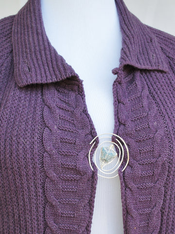 Storebought cardigan with twirl shawl pin