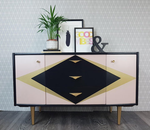 Pink gold and black upcycled vintage sideboard by Done up North